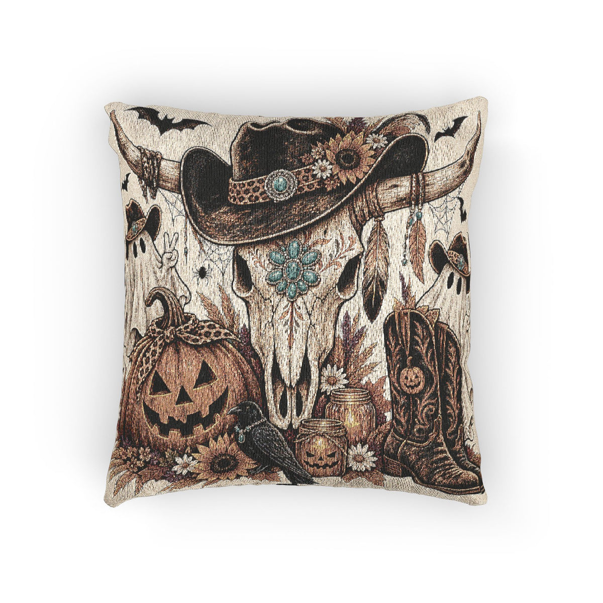 Southwestern Skull, Pumpkin & Boots Decorative Fall Throw Pillow - Wildflowers & Moonshine Exclusive!