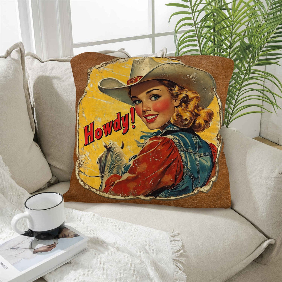 Vintage Cowgirl Howdy Throw Pillow 18 x 18 by Baha Ranch
