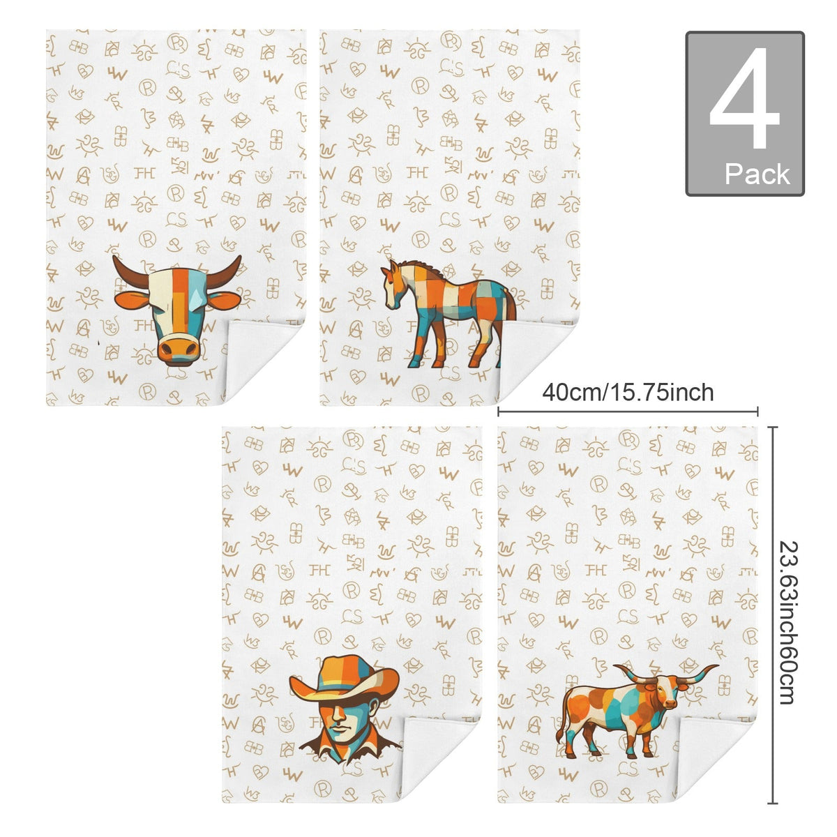 Set of 4 Minimalistic Cowboy Western Cattle Brands Kitchen Towels