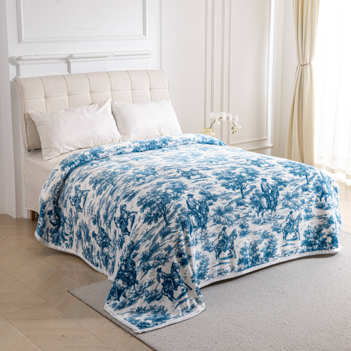 Blue Toile Cowboys Print King Sized Super Soft Plush Blanket