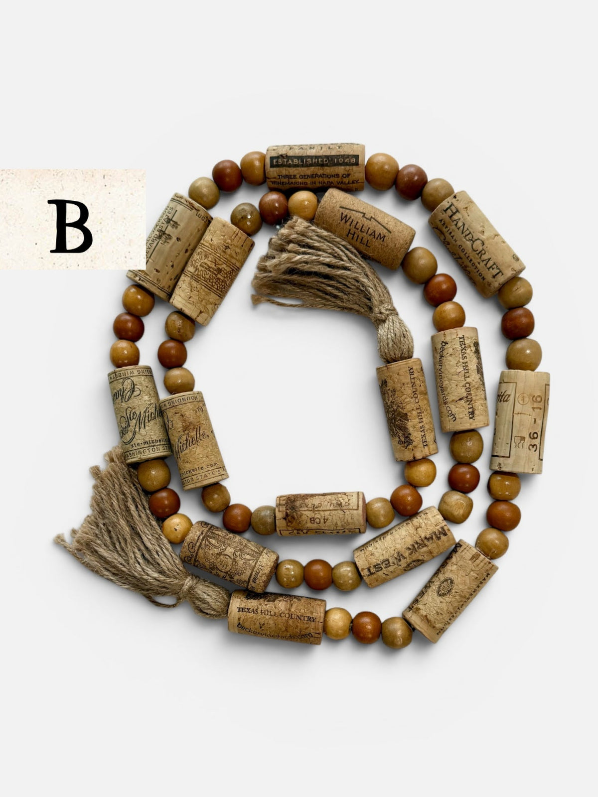 Handcrafted Wine Cork Garland – Timeless Rustic Boho Decor with Round Wood Beads & Tassels