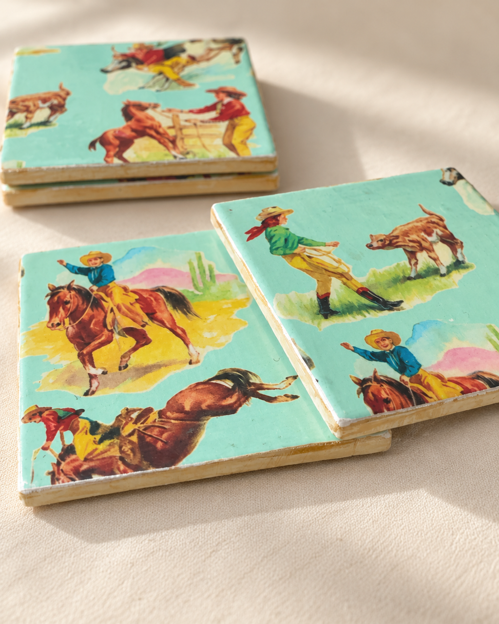 Retro Cowboy Coaster Set with Holder