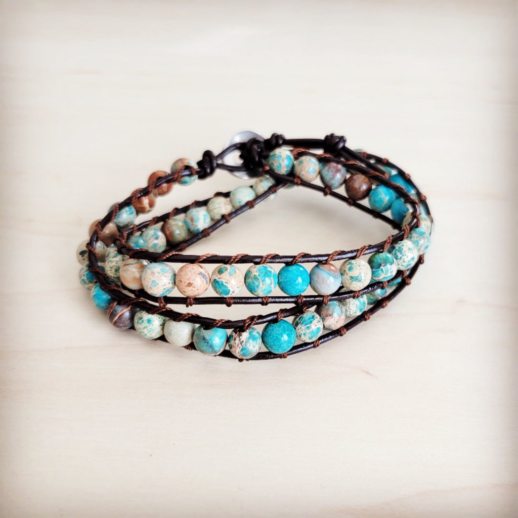 Jasper Beaded Leather Double Wrap Bracelet 811s