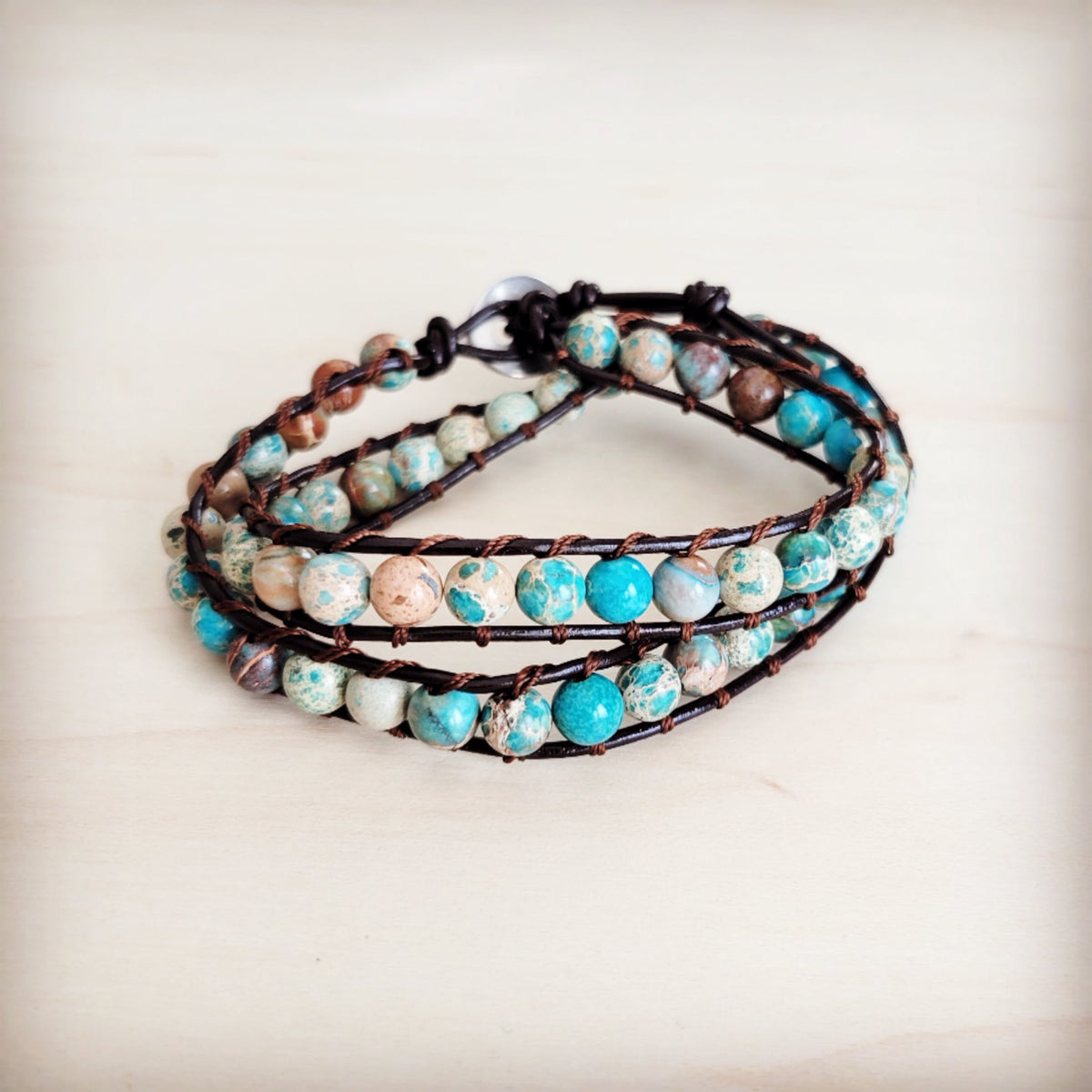 Jasper Beaded Leather Double Wrap Bracelet 811s