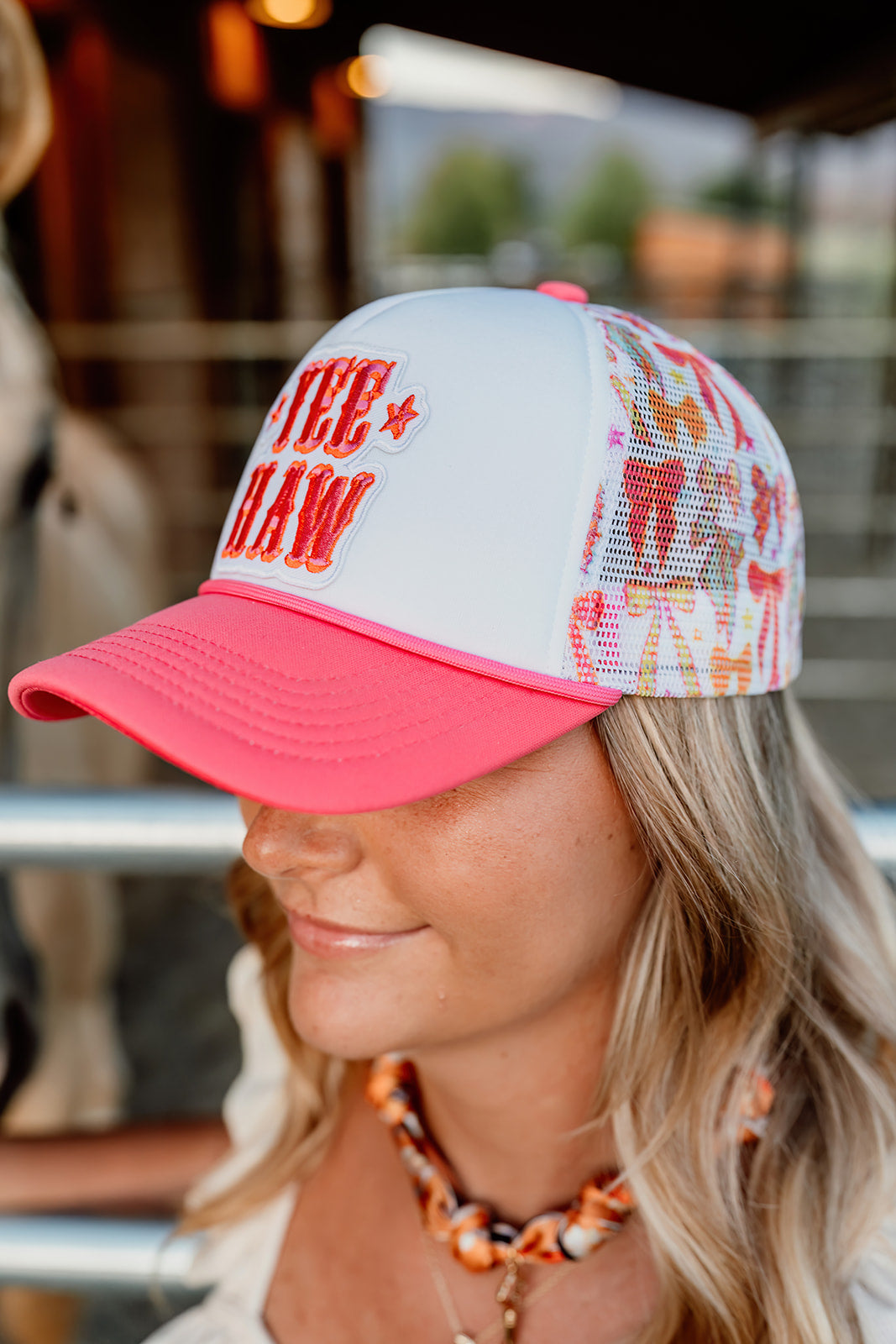 Yee Haw- Pink Hat with Bows - Embroidered  Patch on Trucker Hat