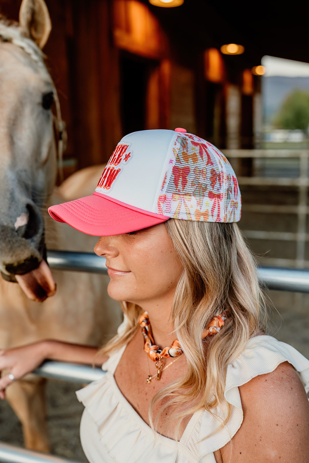 Yee Haw- Pink Hat with Bows - Embroidered  Patch on Trucker Hat