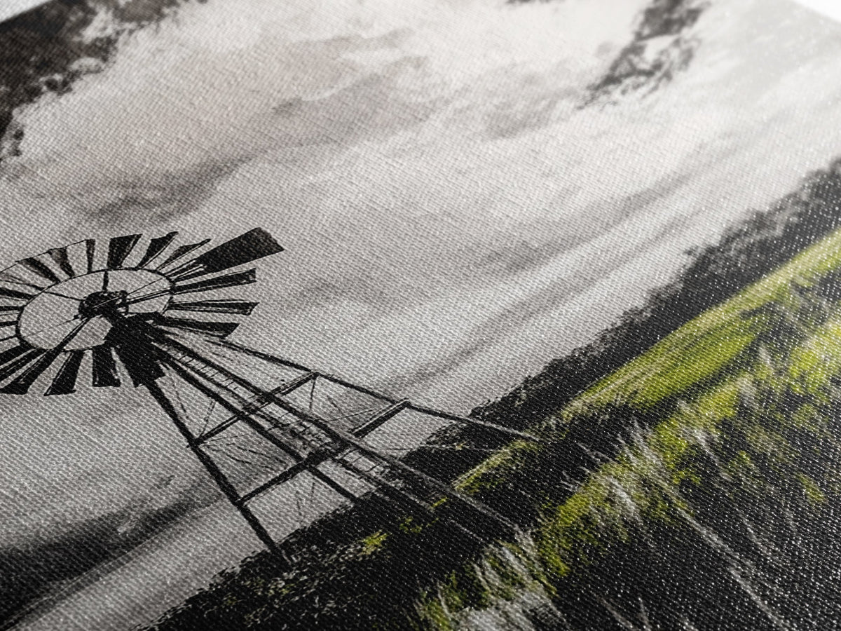 Black & White Windmill, windmill wall art, rustic decor, farmhouse art, landscape painting, framed canvas print, above bed wall art