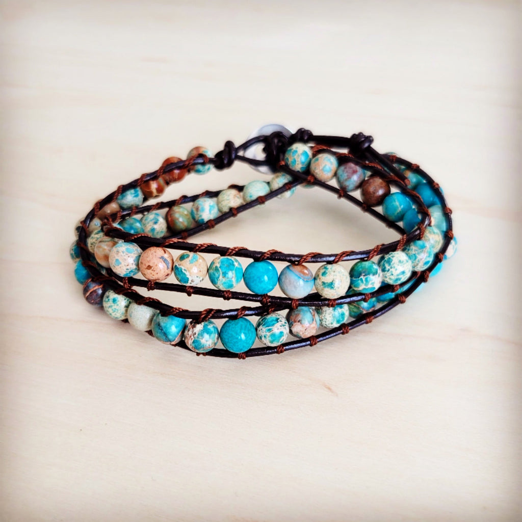 Jasper Beaded Leather Double Wrap Bracelet 811s