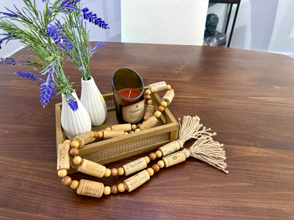 Handcrafted Wine Cork Garland – Timeless Rustic Boho Decor with Round Wood Beads & Tassels