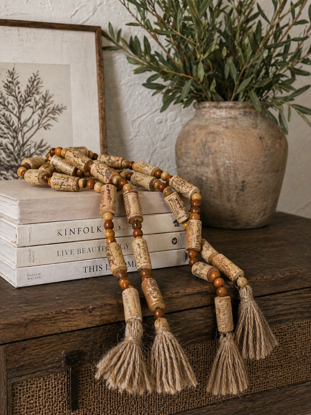Handcrafted Wine Cork Garland – Timeless Rustic Boho Decor with Round Wood Beads & Tassels