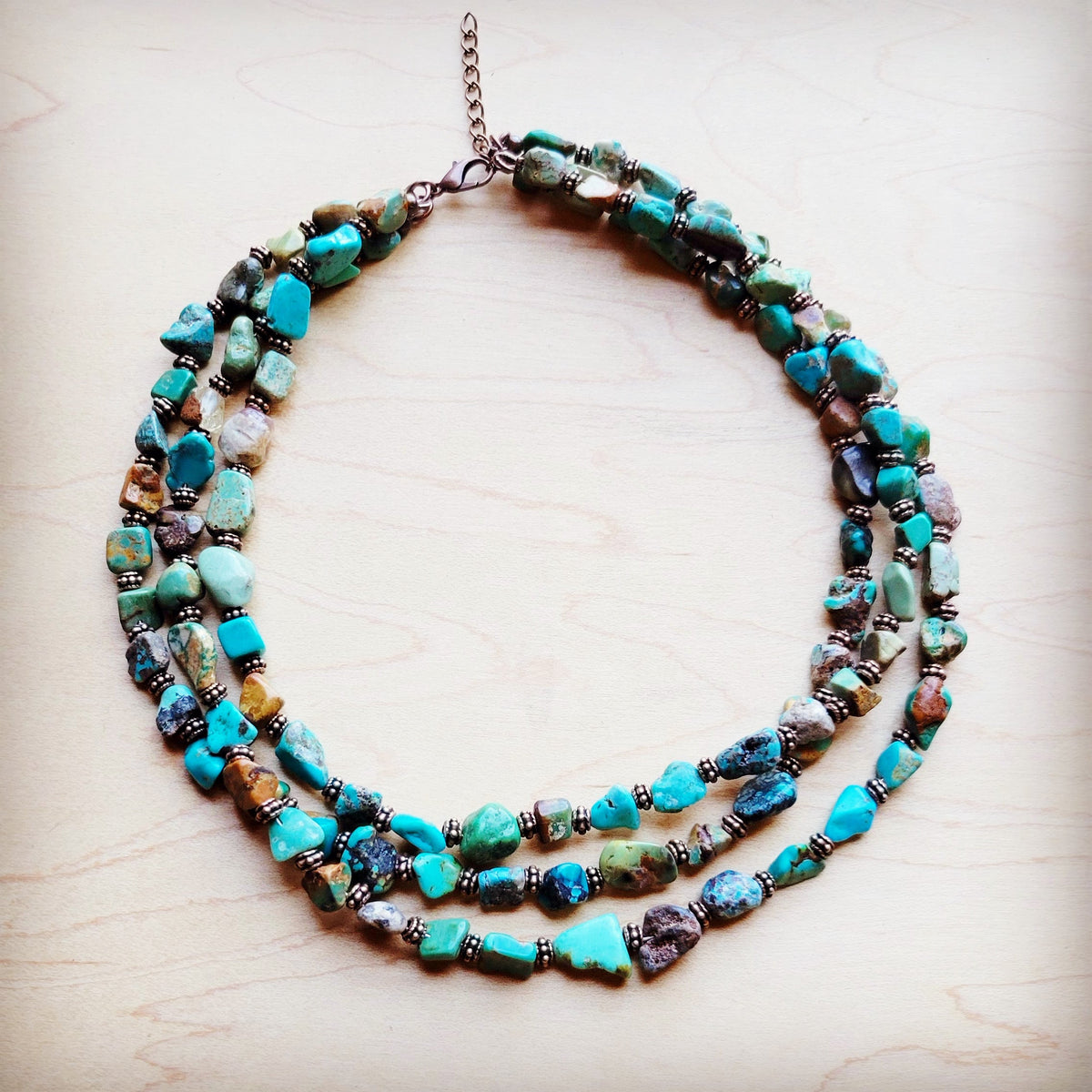HuBei Genuine Turquoise & Copper Triple Strand Necklace 259t