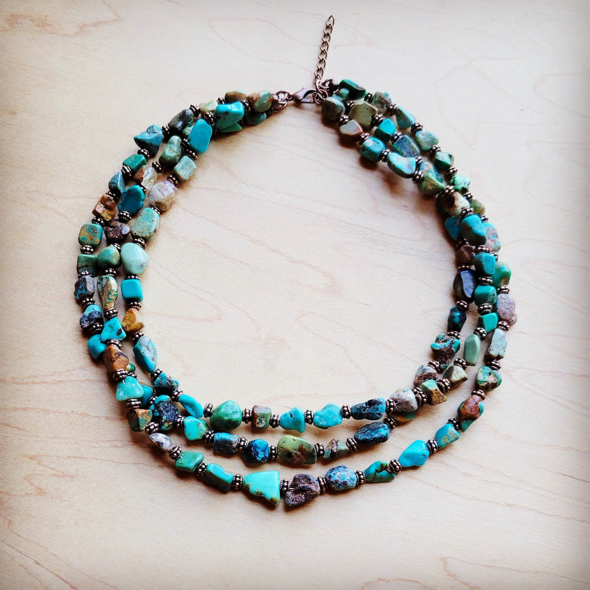 HuBei Genuine Turquoise & Copper Triple Strand Necklace 259t