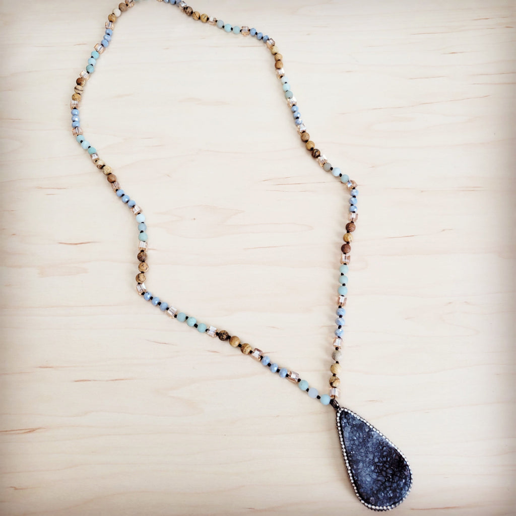 Crystal & Amazonite Long Beaded Necklace w/ Druzy Pendant 262u