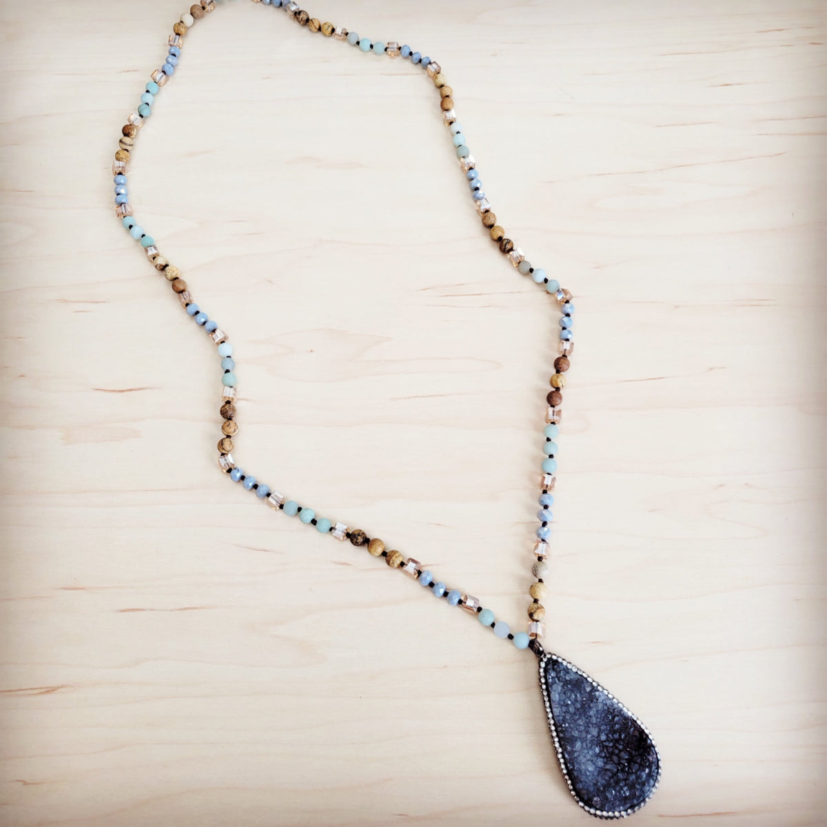 Crystal & Amazonite Long Beaded Necklace w/ Druzy Pendant 262u