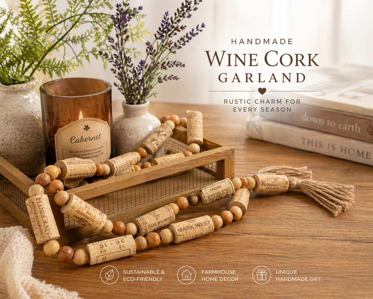 Handcrafted Wine Cork Garland – Timeless Rustic Boho Decor with Round Wood Beads & Tassels