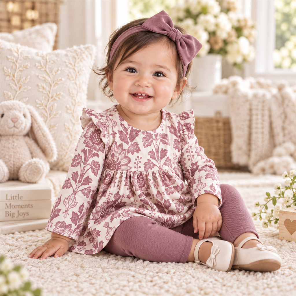 Floral Tapestry Baby Girl Set-Bamboo Top & Cotton Pants by Tesa Baby