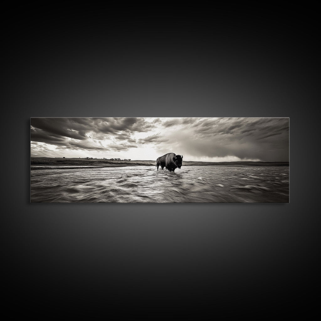Bison River, Prairie Storm, American West, Framed Canvas Print, Rustic Nature Art, Fall Living Room Decor, Wildlife Photography