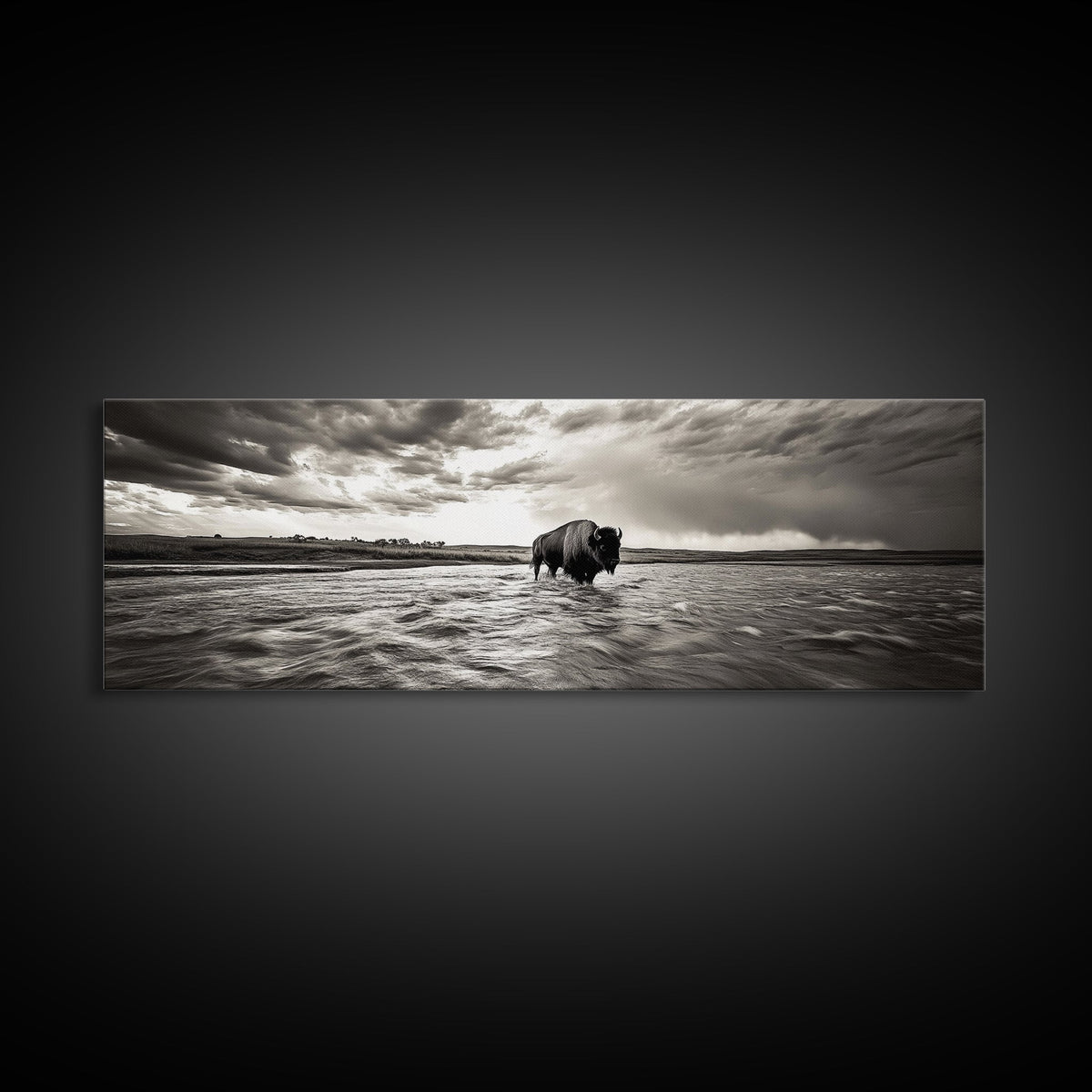 Bison River, Prairie Storm, American West, Framed Canvas Print, Rustic Nature Art, Fall Living Room Decor, Wildlife Photography