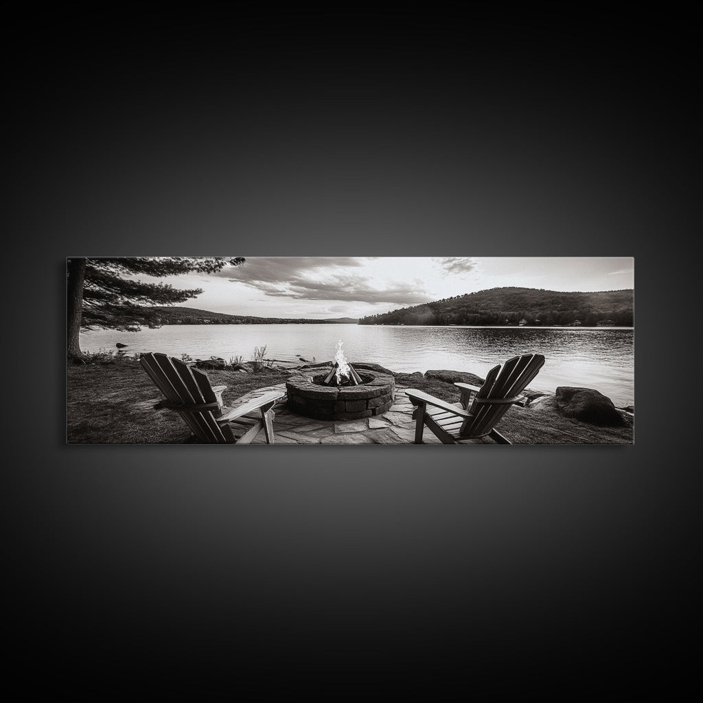 Lakeside Fire Pit, Adirondack Chairs, Mountain Retreat, Framed Canvas Print, Fall Cabin Wall Art, Rustic Living Room Decor, Cozy Mood