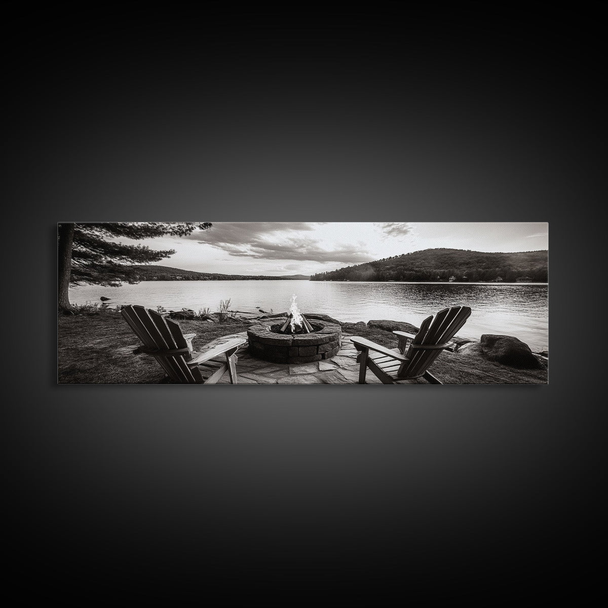 Lakeside Fire Pit, Adirondack Chairs, Mountain Retreat, Framed Canvas Print, Fall Cabin Wall Art, Rustic Living Room Decor, Cozy Mood