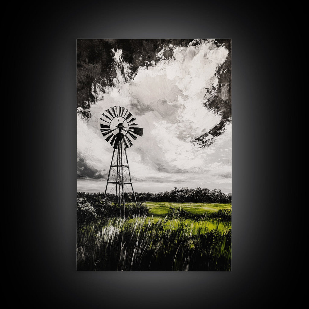 Black & White Windmill, windmill wall art, rustic decor, farmhouse art, landscape painting, framed canvas print, above bed wall art