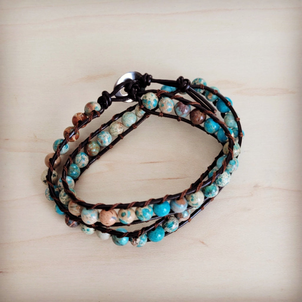 Jasper Beaded Leather Double Wrap Bracelet 811s