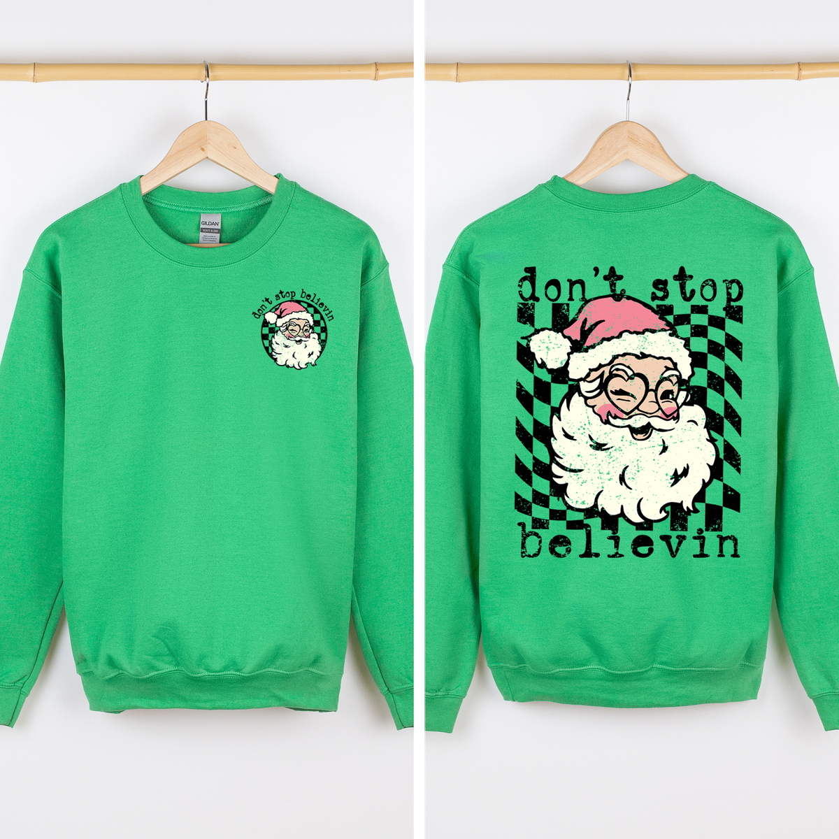 Don't Stop Believin Santa Christmas Checkered Vintage Front & Back Print Sweatshirt