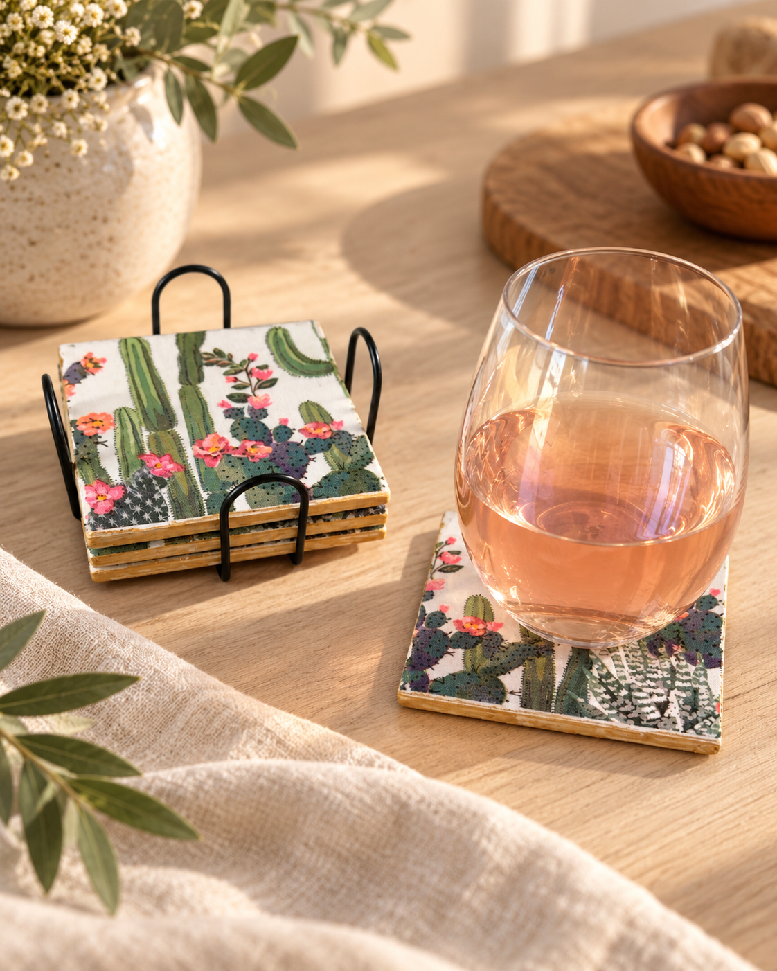 Desert Bloom Cactus Coaster Set with Holder