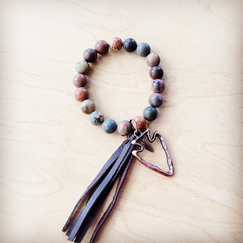 Picasso Jasper Beaded Bracelet w/ Leather Tassel & Arrowhead 810o