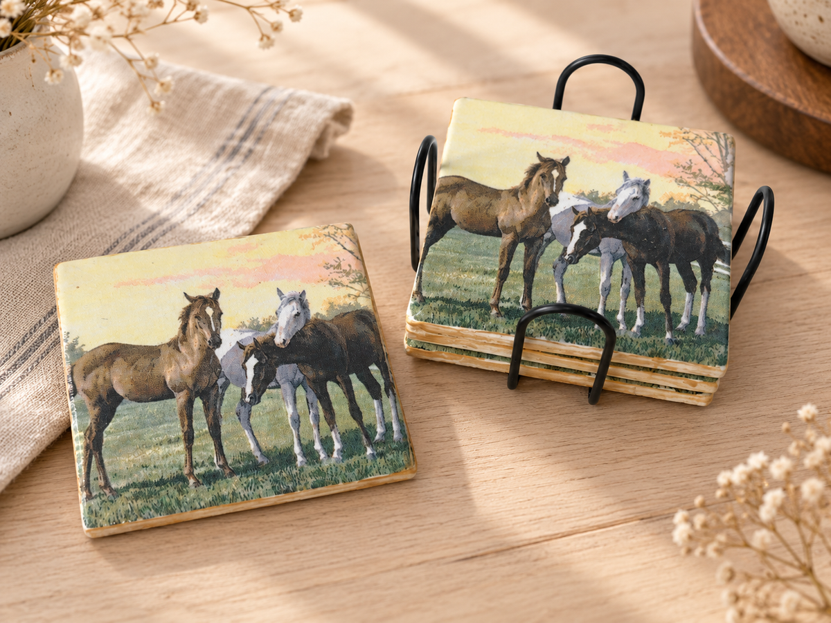 Western Horse Tile Coaster Set with Metal Holder