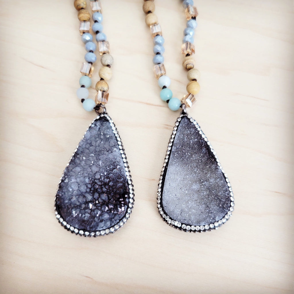 Crystal & Amazonite Long Beaded Necklace w/ Druzy Pendant 262u