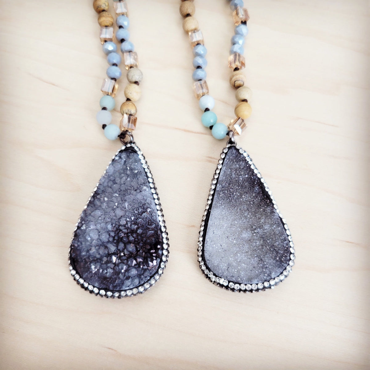 Crystal & Amazonite Long Beaded Necklace w/ Druzy Pendant 262u