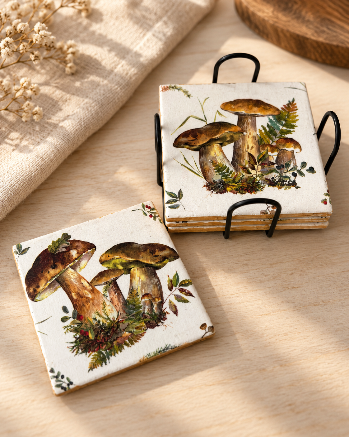 Woodland Mushroom Handmade Coaster Set | Set of 4 with Metal Holder