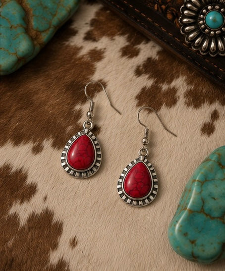 Red Stone Western Teardrop Earrings