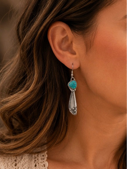 Turquoise Silver Boho Drop Earrings – Western Statement Earrings
