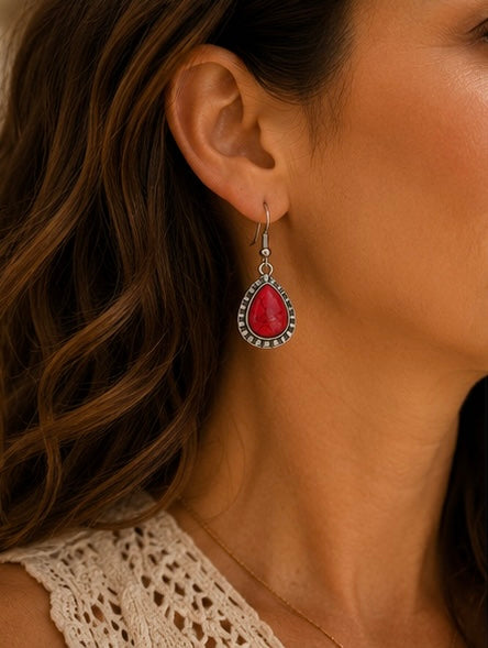 Red Stone Western Teardrop Earrings