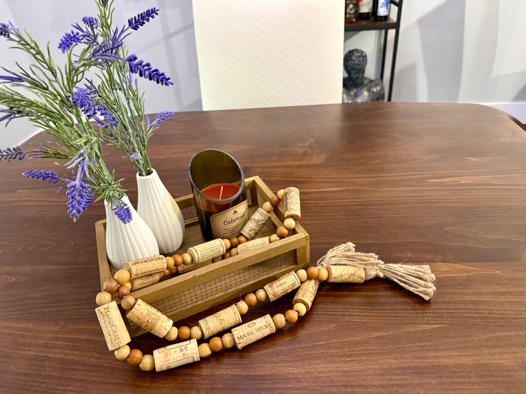 Handcrafted Wine Cork Garland – Timeless Rustic Boho Decor with Round Wood Beads & Tassels