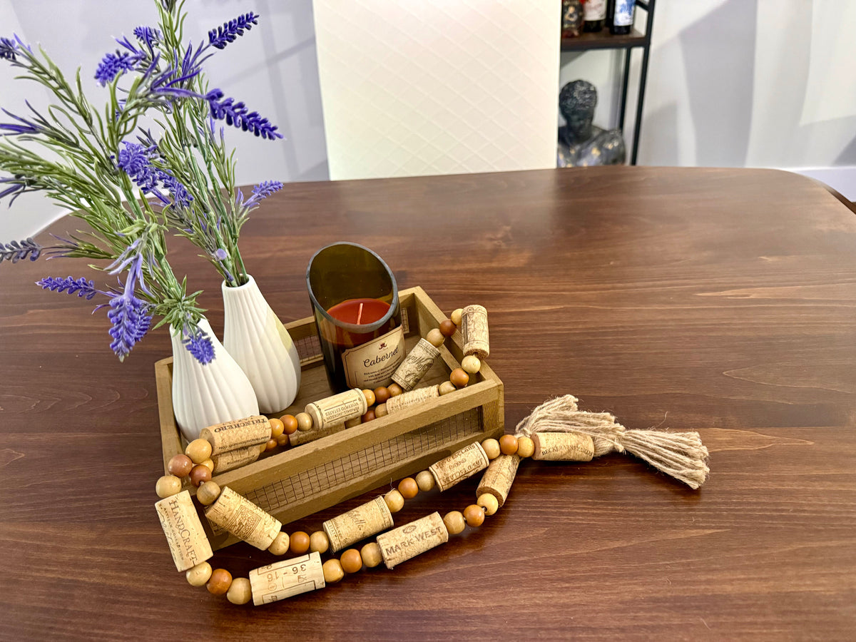 Handcrafted Wine Cork Garland – Timeless Rustic Boho Decor with Round Wood Beads & Tassels