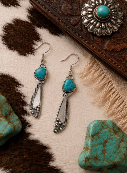 Turquoise Silver Boho Drop Earrings – Western Statement Earrings