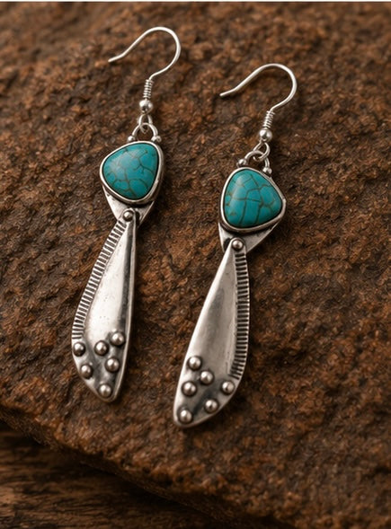 Turquoise Silver Boho Drop Earrings – Western Statement Earrings