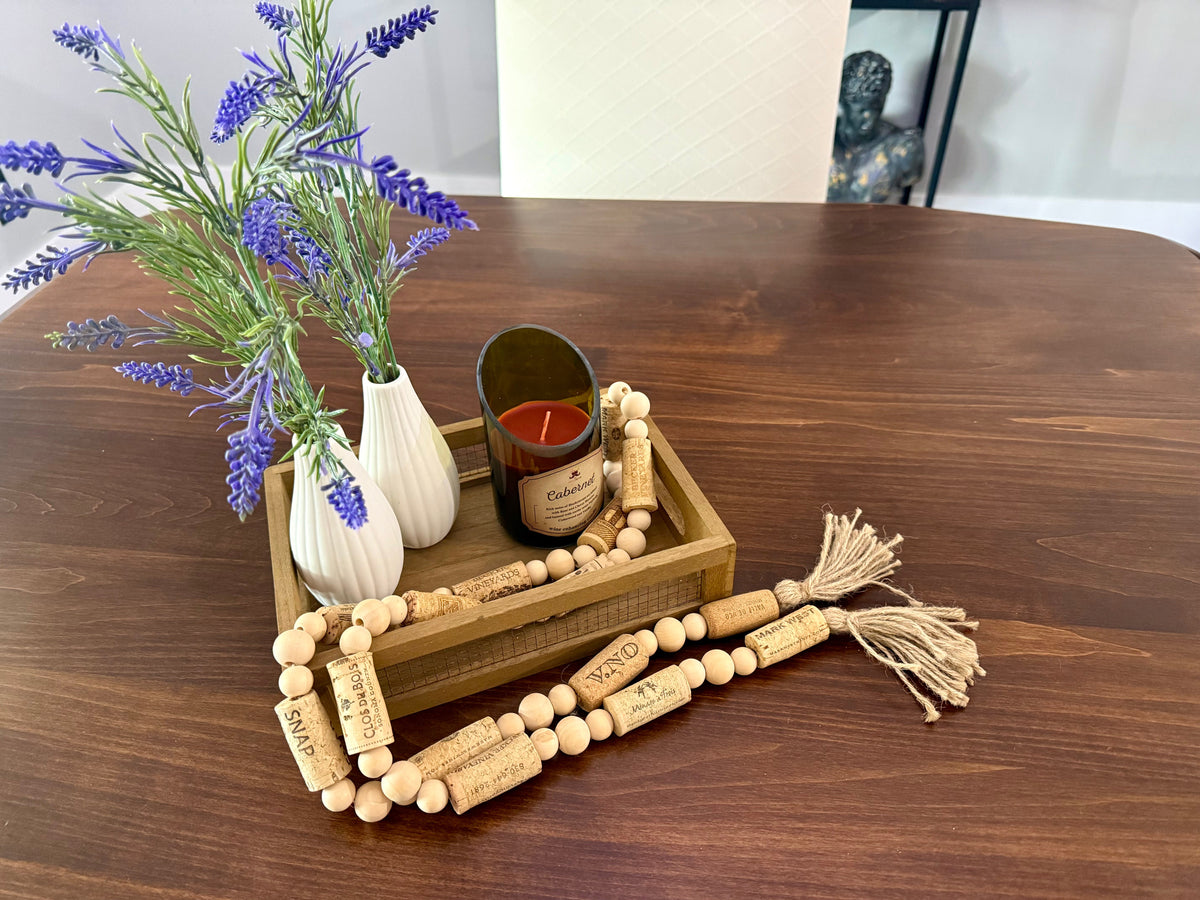 Handcrafted Wine Cork Garland with Natural Wooden Beads & Tassels