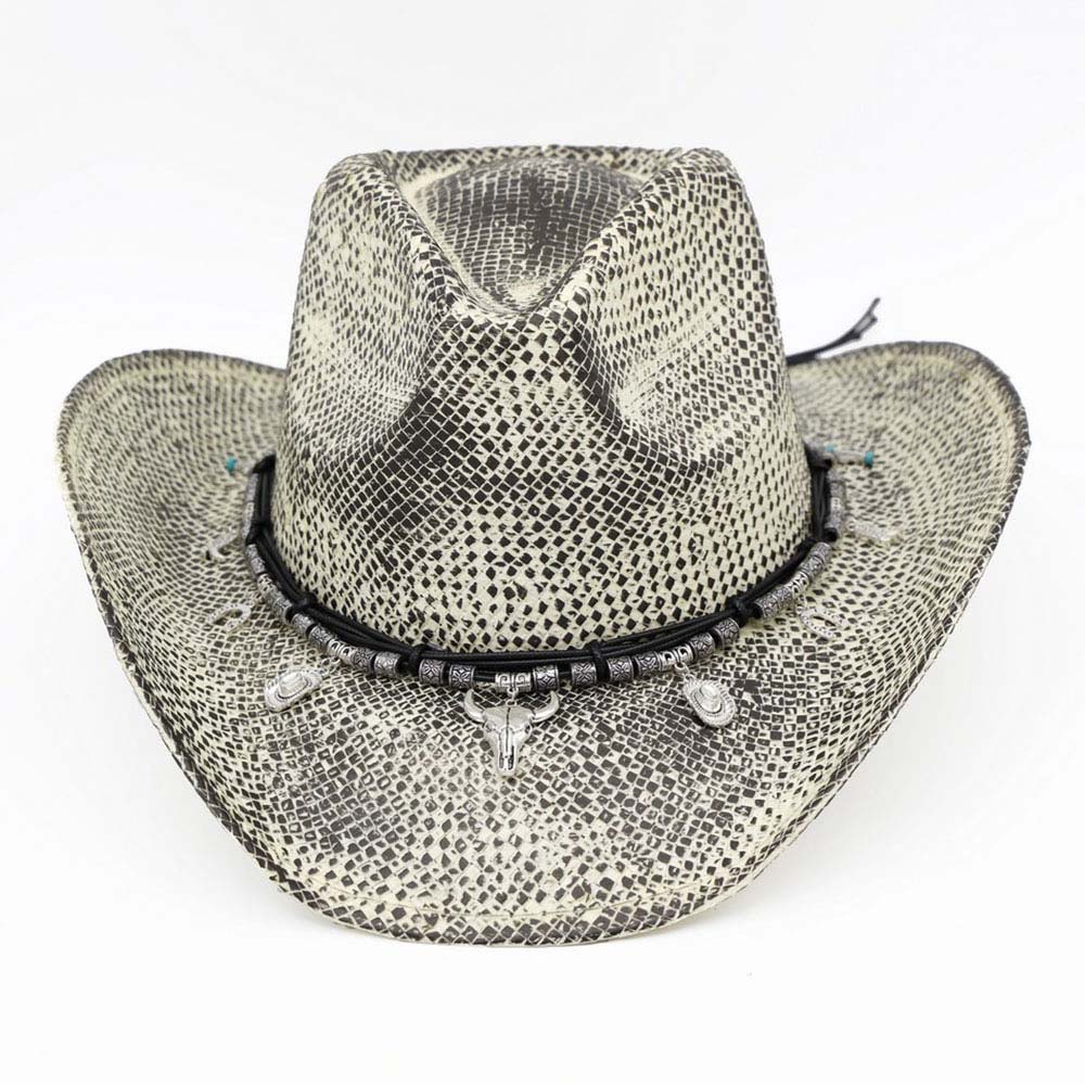 Handmade Vintage Steer Head Cactus Horseshoe Charm Faux Leather Band Western Straw Cowboy Hat