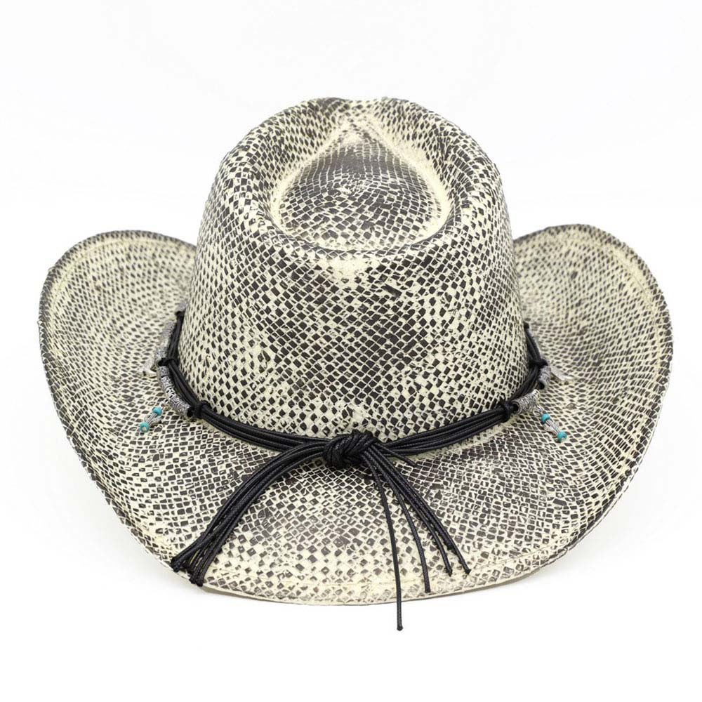 Handmade Vintage Steer Head Cactus Horseshoe Charm Faux Leather Band Western Straw Cowboy Hat
