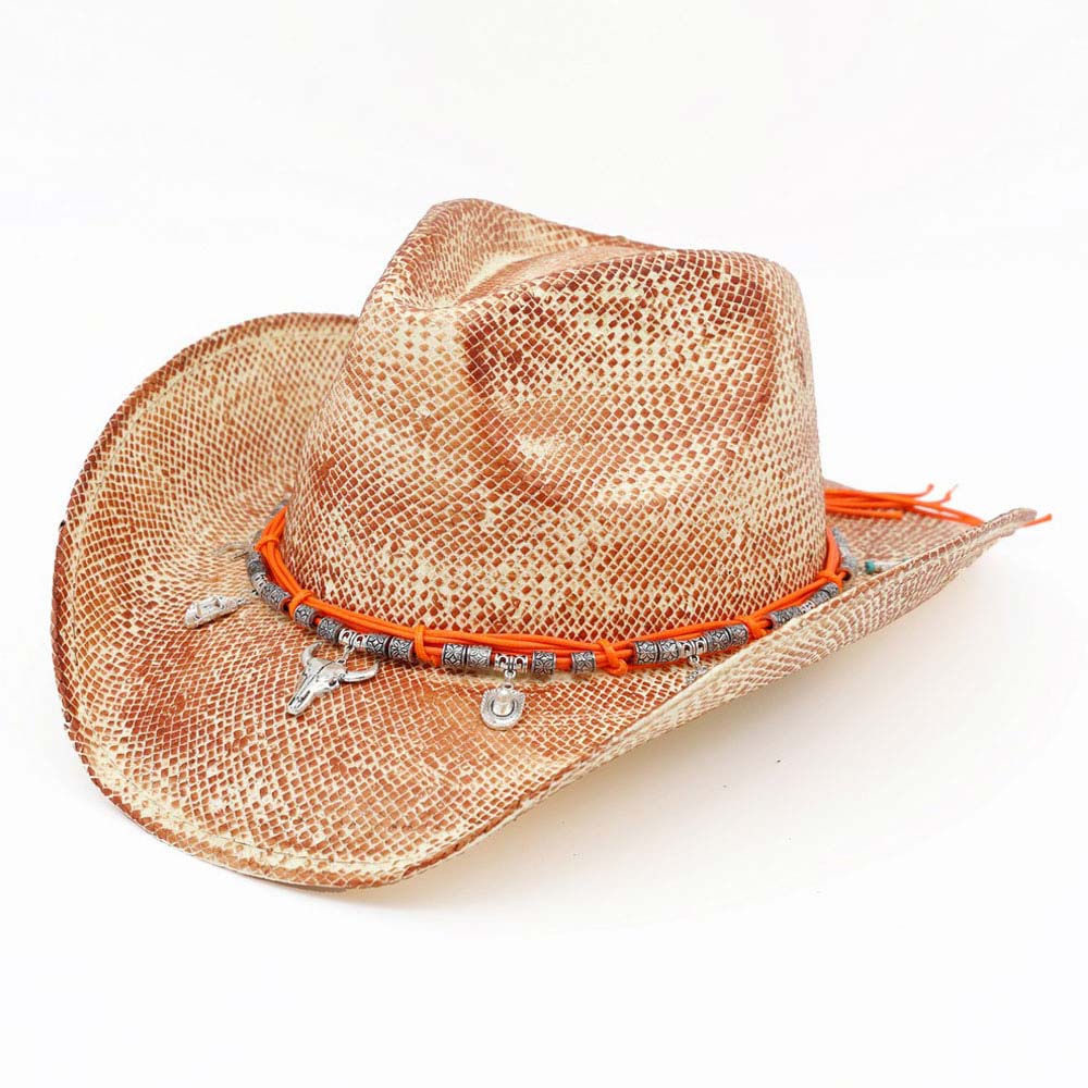 Handmade Vintage Steer Head Cactus Horseshoe Charm Faux Leather Band Western Straw Cowboy Hat