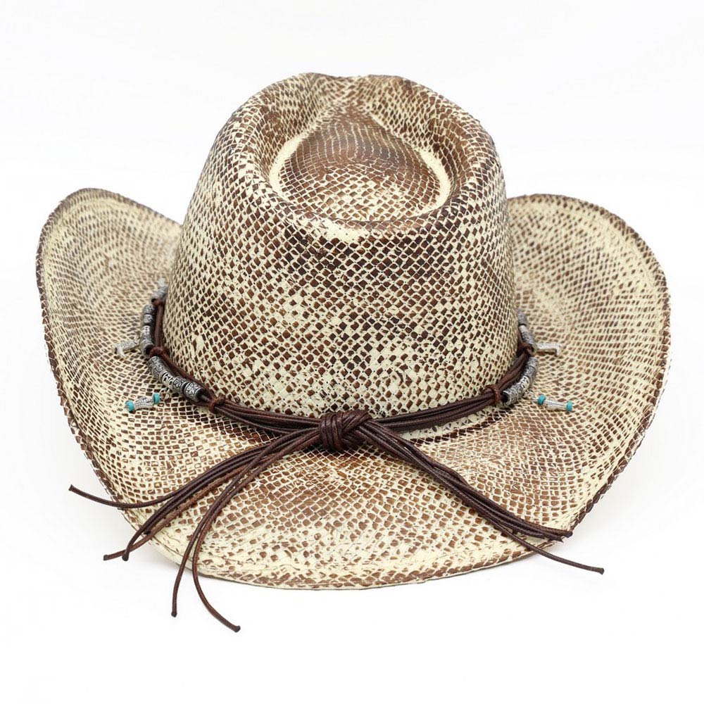 Handmade Vintage Steer Head Cactus Horseshoe Charm Faux Leather Band Western Straw Cowboy Hat