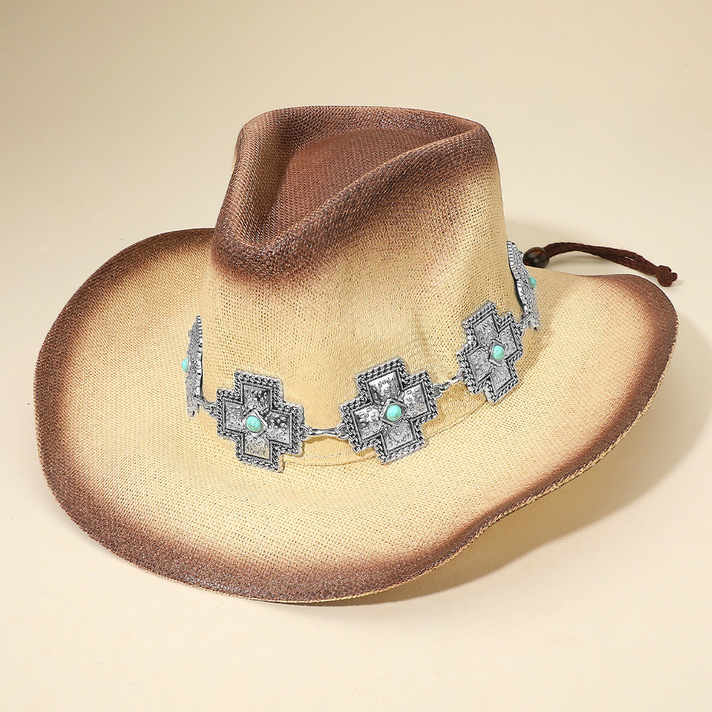Western Turquoise Stone Accent Cross Concho Buckle Band Cowboy Fedora Hat