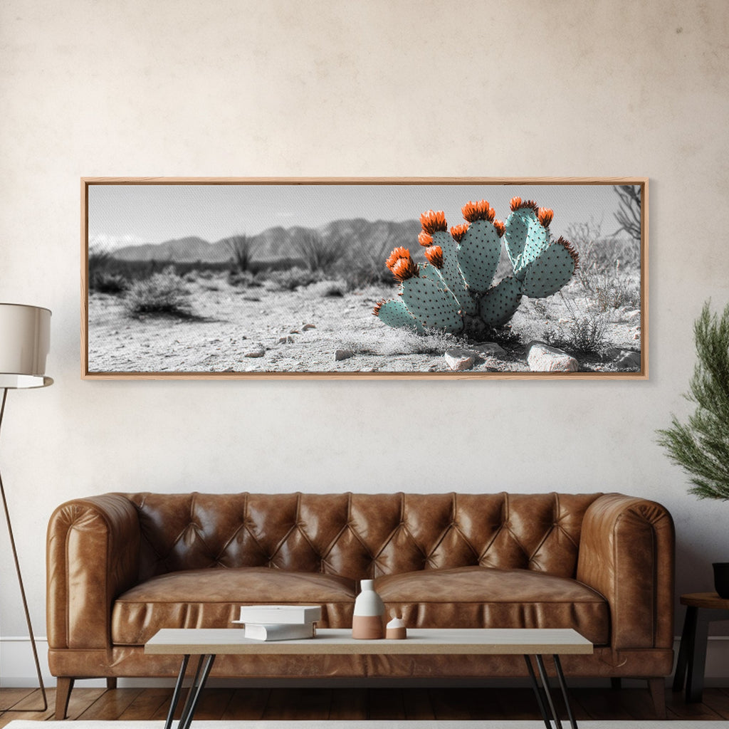Cactus Garden, Desert Life, Orange Bloom, Nature Vibes, Framed Canvas Print, Rustic Wall Art, Boho Decor, Office Botanical Accent
