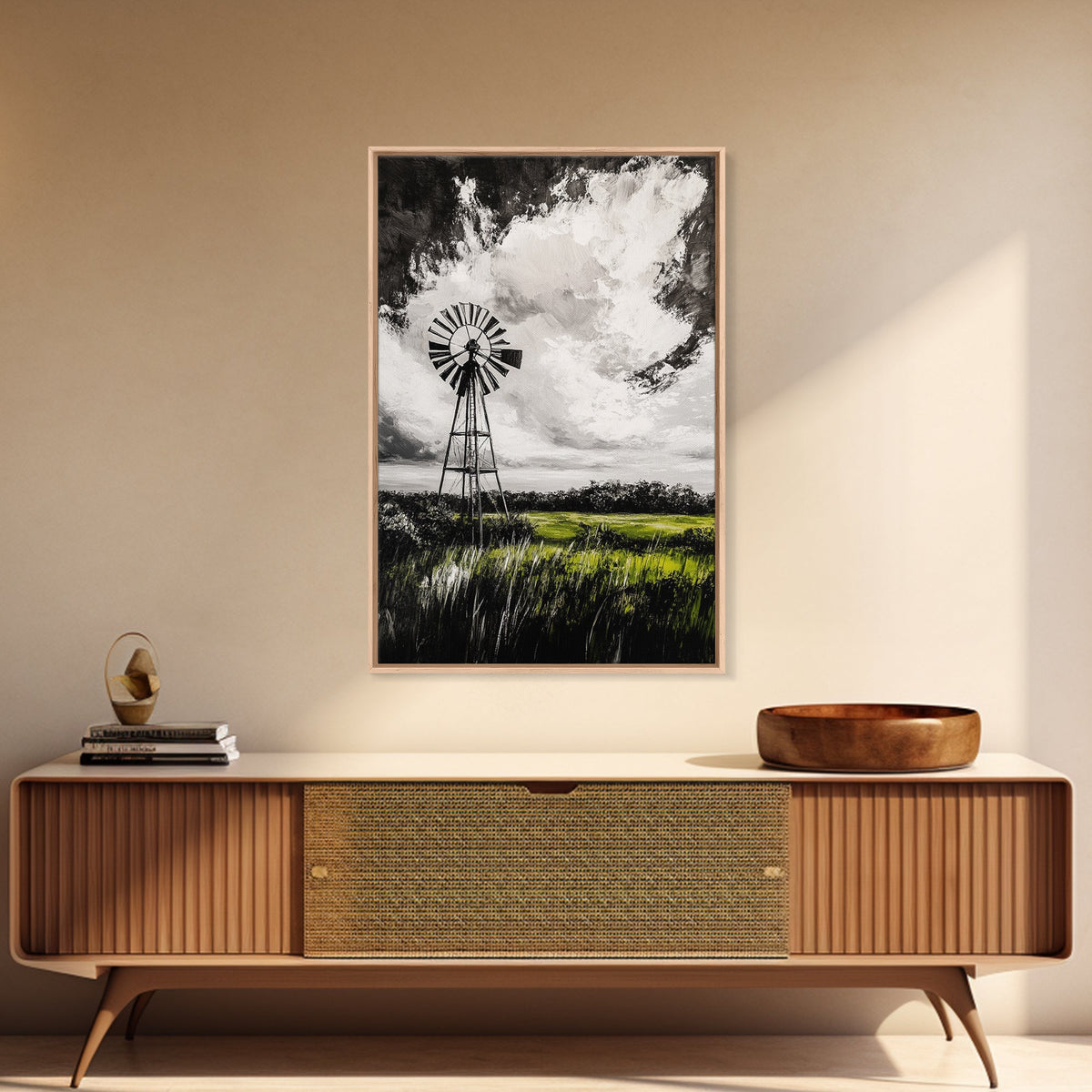 Black & White Windmill, windmill wall art, rustic decor, farmhouse art, landscape painting, framed canvas print, above bed wall art