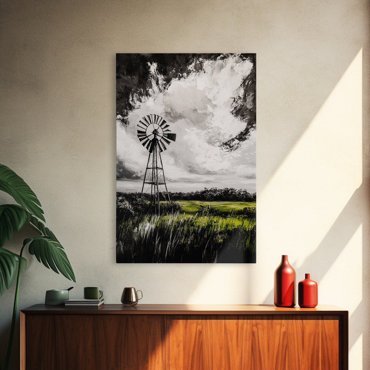 Black & White Windmill, windmill wall art, rustic decor, farmhouse art, landscape painting, framed canvas print, above bed wall art