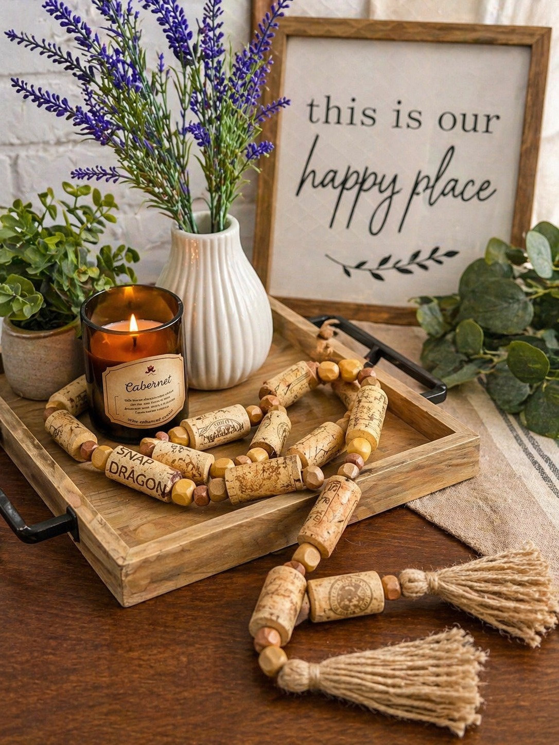 Handcrafted Wine Cork Garland – Timeless Rustic Boho Decor with Natural Square Wood Beads & Tassels